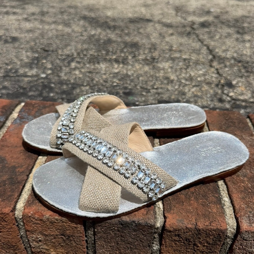 Botkier New York Women's Silver Alana Linen Rhinestone Embellished Sandals 5.5M